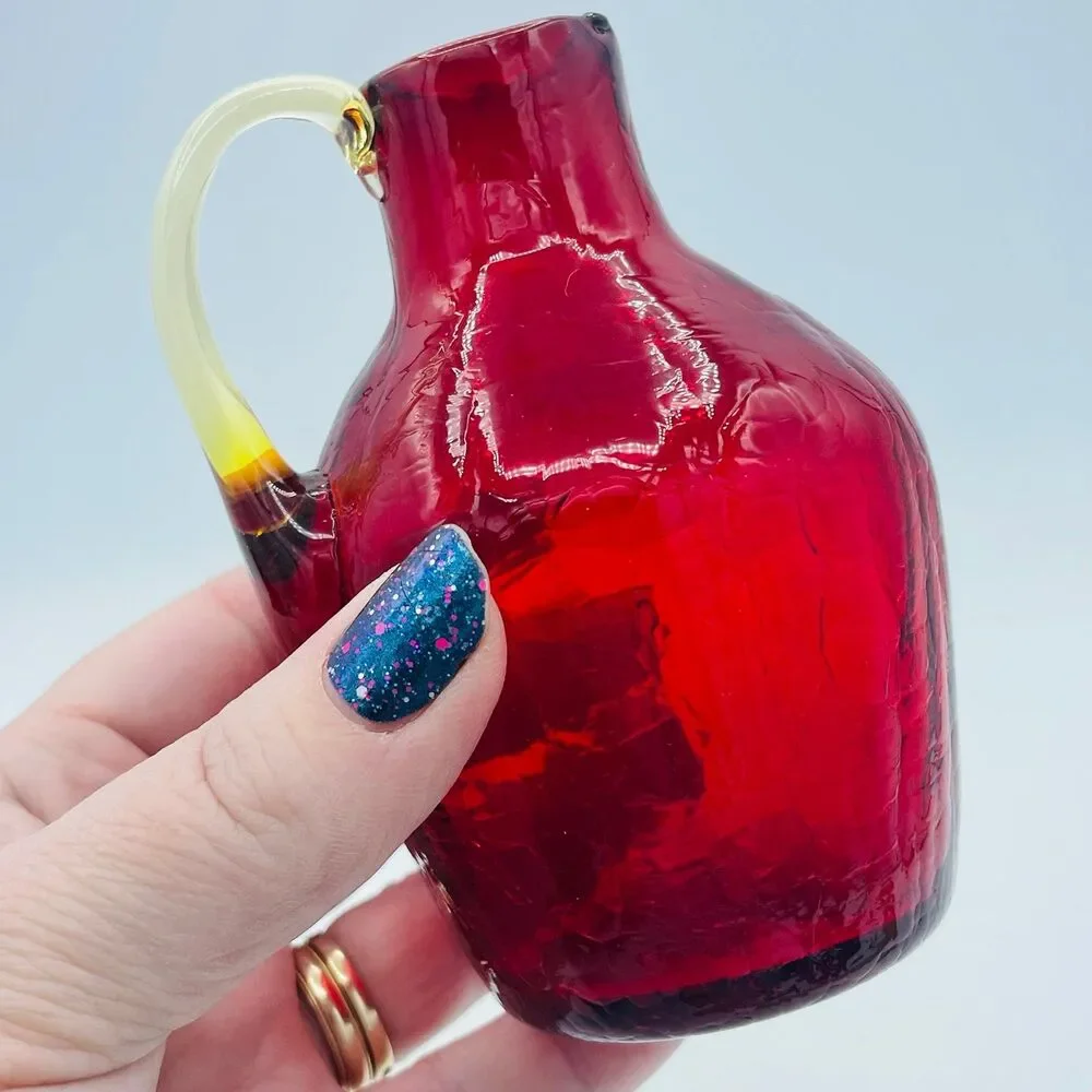 Mini Red Crackle Glass Hand Blown Pitcher Applied Yellow Handle
